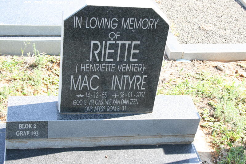 MAC INTYRE Henriette nee VENTER 1955-2001