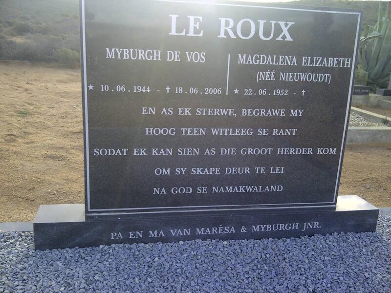 ROUX Myburgh De Vos, le 1944-2006 & Magdalena Elizabeth NIEUWOUDT 1952-
