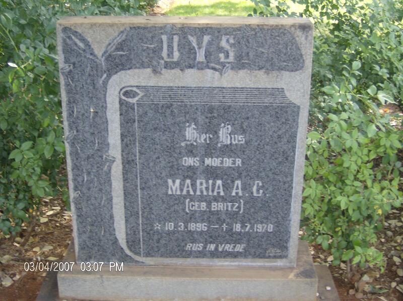 UYS Maria A.C. nee BRITZ 1896-1970