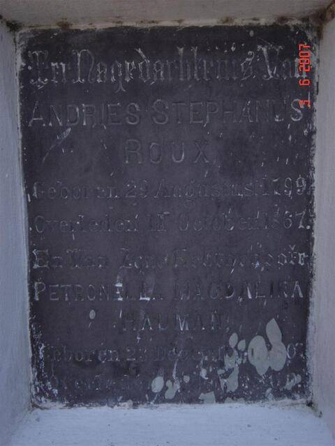 ROUX Andries Stephanus 1799-1867 & Petronella Magdalina HAUMANN 1801-1869