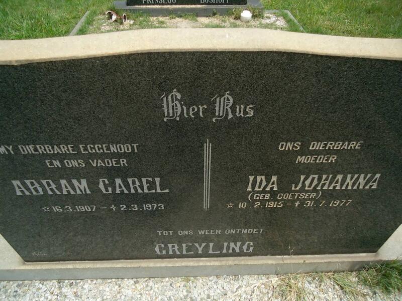 GREYLING Abram Carel 1907-1973 & Ida Johanna COETSER 1915-1977