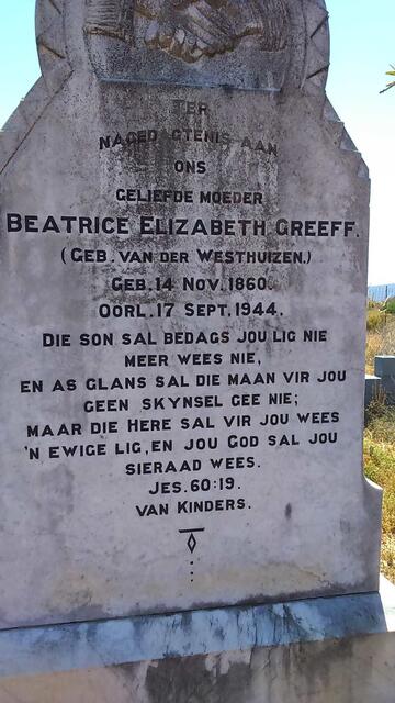 GREEFF Beatrice Elizabeth nee VAN DER WESTHUIZEN 1860-1944