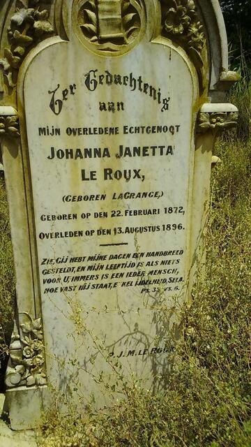 ROUX Johanna Janetta, le nee LA GRANGE 1872-1896