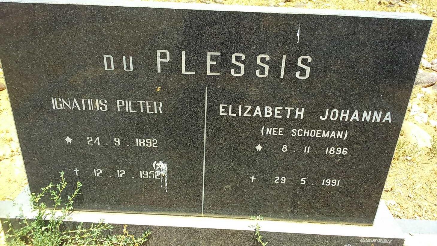 PLESSIS Ignatius Pieter, du 1892-1952 & Elizabeth Johanna SCHOEMAN 1896-1991