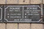 FOURIE Arrie D. 1941-2011 & Cecilia TALJAARD 1944-
