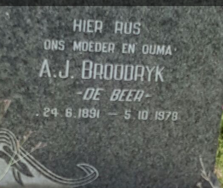 BROODRYK A. J. nee DE BEER 1891-1978
