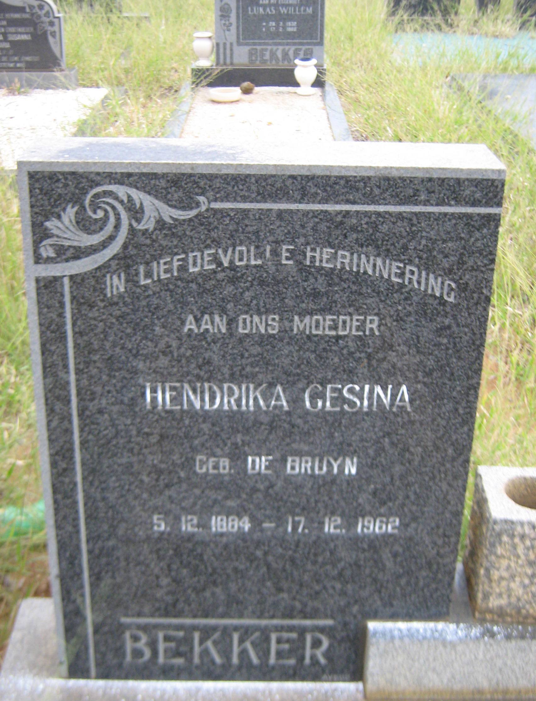 BEKKER Hendrika Gesina nee DE BRUYN 1884-1962