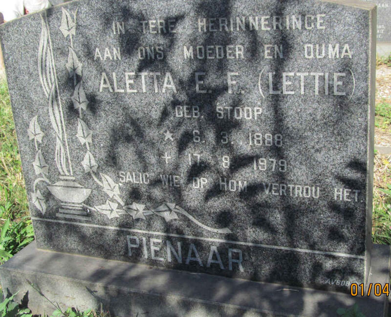 PIENAAR Aletta E.F. nee STOOP 1888-1979