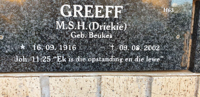 GREEFF M.S.H. nee BEUKES 1916-2002