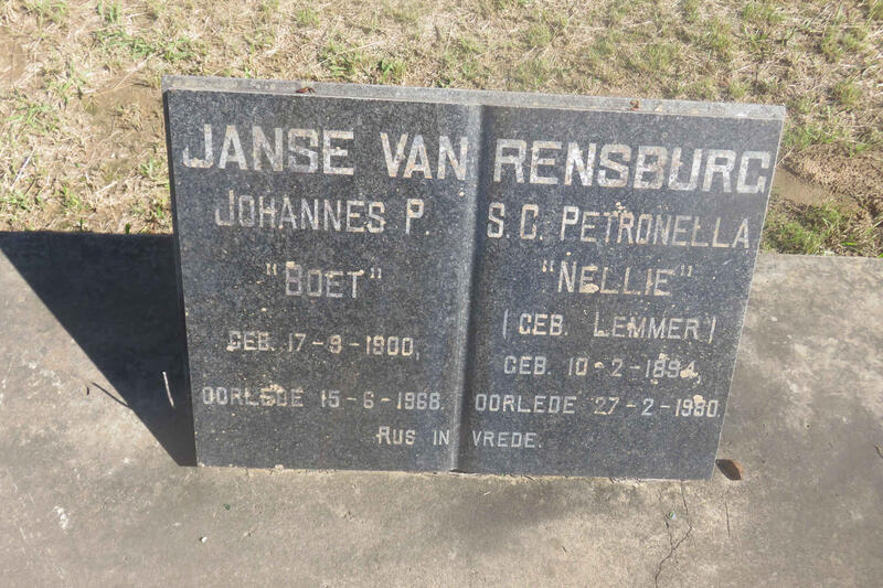 RENSBURG Johannes P., Janse van 1900-1968 & S.C. Petronella LEMMER 1894-1980
