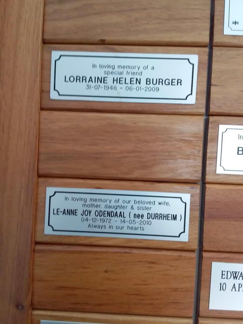 BURGER Lorraine Helen 1948-2009 :: ODENDAAL Le-Anne Joy nee DURRHEIM 1972-2010