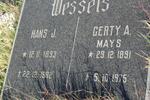 WESSELS Hans J. 1893-1982 & Gerty A. MAYS 1891-1975