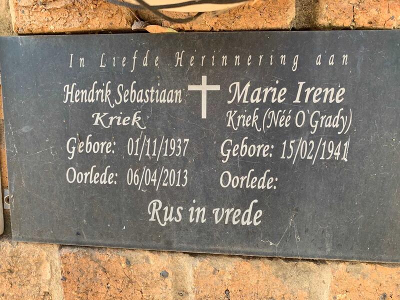 KRIEK Hendrik Sebastiaan 1937-2013 & Marie Irene O'GRADY 1941-
