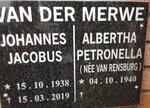 MERWE Johannes Jacobus, van der 1938-2019 & Albertha Petronella VAN RENSBURG 1940-
