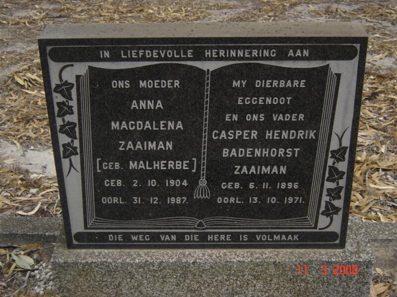 ZAAIMAN Casper Hendrik Badenhorst 1896-1971 & Anna Magdalena MALHERBE 1904-1987