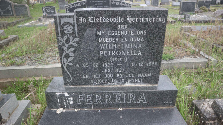 FERREIRA Wilhelmina Petronella nee BOSCH 1922-1986
