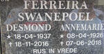 FERREIRA Desmond 1937-2016 & Annemarie SWANEPOEL 1926-2018