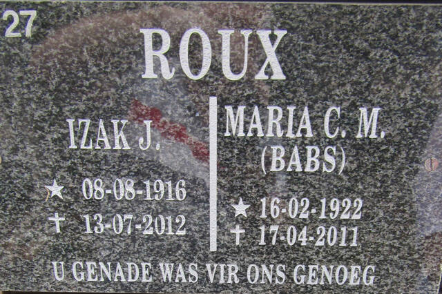 ROUX Izak J. 1916-2012 & Maria C.M. 1922-2011