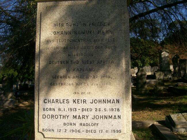 HAHN Johann Samuel 1805-1887 :: JOHNMAN  Charles Keir 1913-1978 :: JOHNMAN Dorothy Mary nee RADLOFF 1906-1995