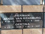 RENSBURG Herman, Janse Van 1915-1980 & Gertina 1909-1907