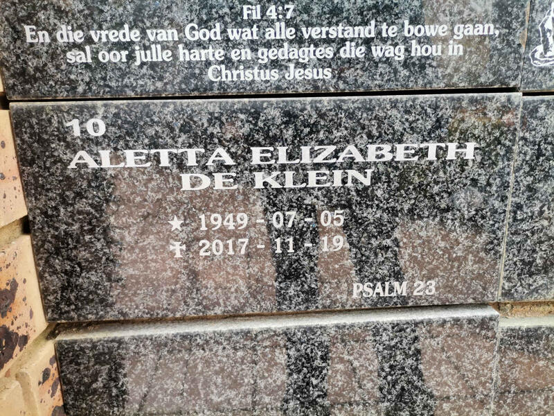 KLEIN Aletta Elizabeth, de 1949-2017