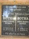 BOTHA Christoffel Petrus 1931-2014 & Anna Maria Sophia 1938-2016