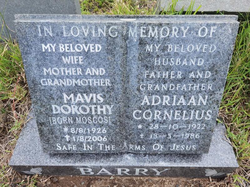 BARRY Adriaan Cornelius 1922-1986 & Mavis Dorothy MOSCOS 1926-2006