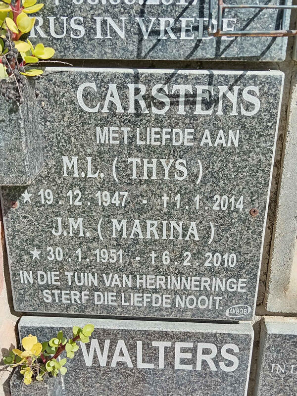 CARSTENS M.L. 1947-2014 & J.M. 1951-2010