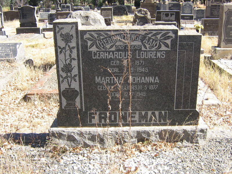 FRONEMAN Gerhardus Lourens 1871-1945 & Martha Johanna DE VILLIERS 1877-1945