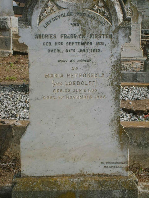 KIRSTEN Andries Fredrick 1831-1912 & Maria Petronella LOEDOLFF 1835-1925