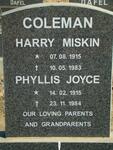 COLEMAN Harry Miskin 1915-1983 & Phillis Joyce 1815-1984