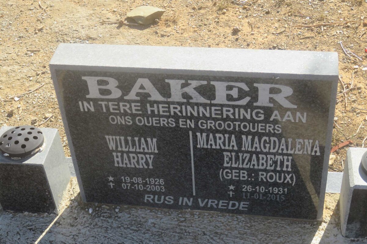 BAKER William Harry 1926-2003 &amp; Maria Magdalena Elizabeth ROUX 1931-2015