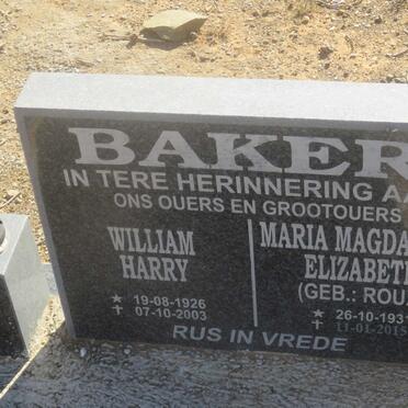 BAKER William Harry 1926-2003 &amp; Maria Magdalena Elizabeth ROUX 1931-2015