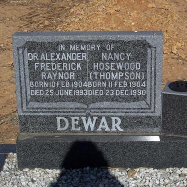 DEWAR  Alexander Frederick Raynor 1904-1993 &amp; Nancy Hosewood THOMPSON 1904-1990