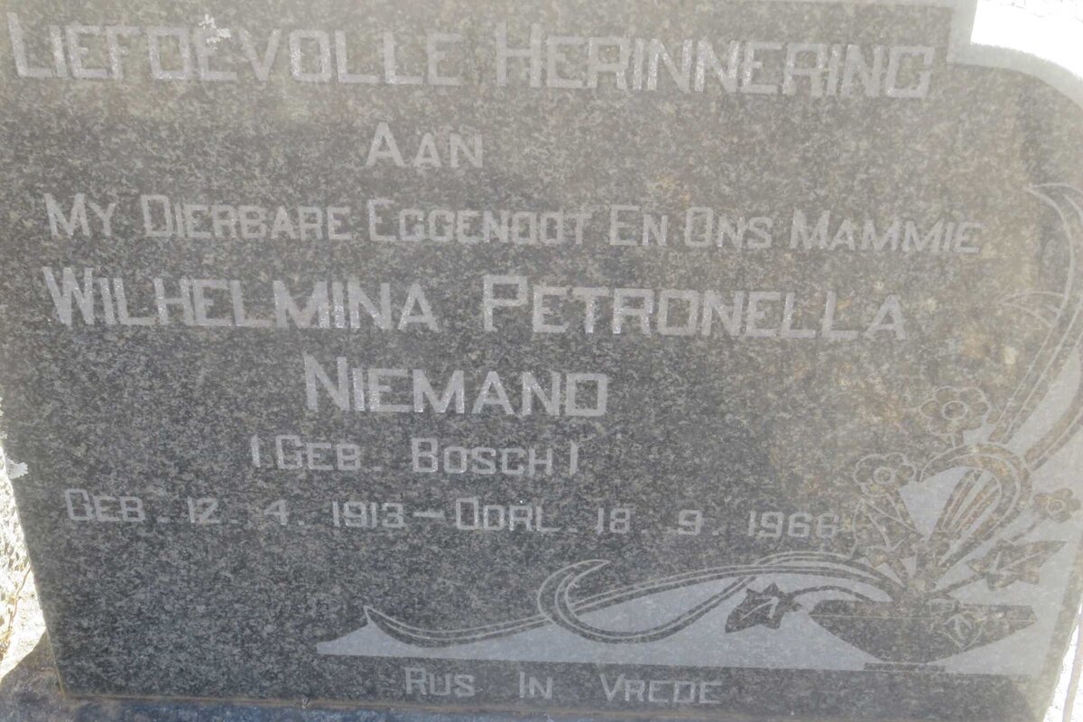 NIEMAND Dick Barend 1913-1972 &amp; Wilhelmina Petronella BOSCH 1913-1966