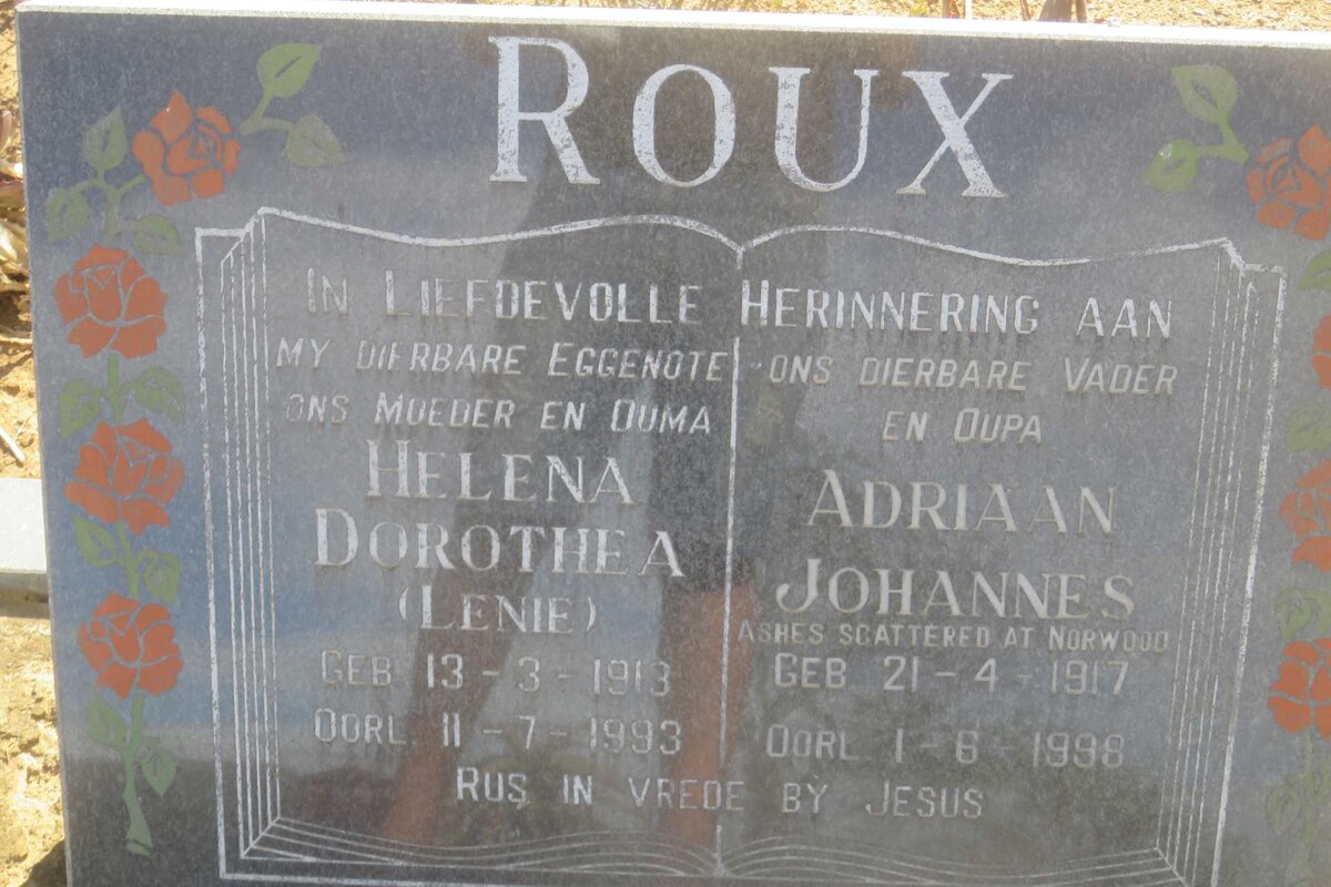 ROUX Adriaan Johannes 1917-1998 &amp; Helena Dorothea 1913-1993