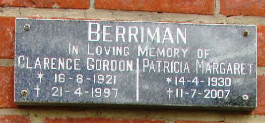 BERRIMAN Clarence Gordon 1921-1997 &amp; Patricia Margaret 1930-2007