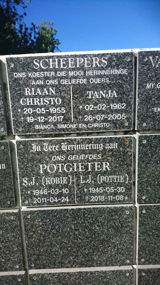 SCHEEPERS Riaan Christo 1955-2017 &amp; Tanja 1962-2005 :: POTGIETER S.J. 1946-2011 &amp; L.J. 1945-2018