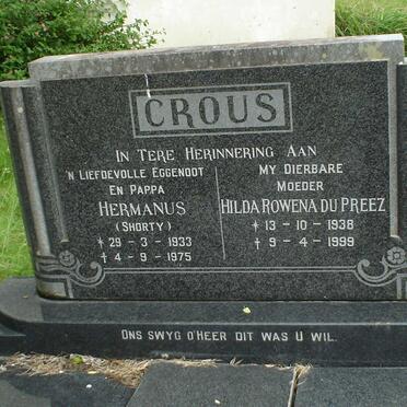 CROUS Hermanus 1933-1975 &amp; Hilda Rowena Du Preez 1938-1999