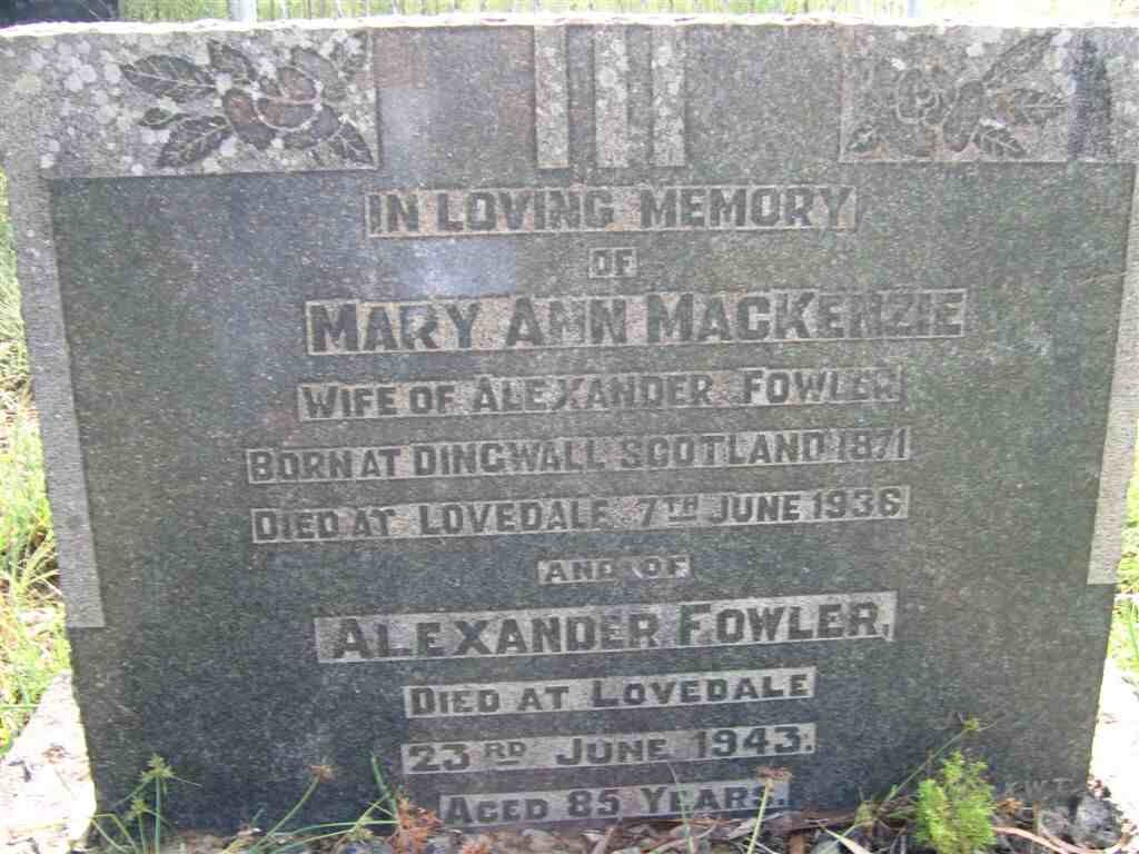 FOWLER Alexander 1858-1943 &amp; Mary Ann MACKENZIE 1871-1936