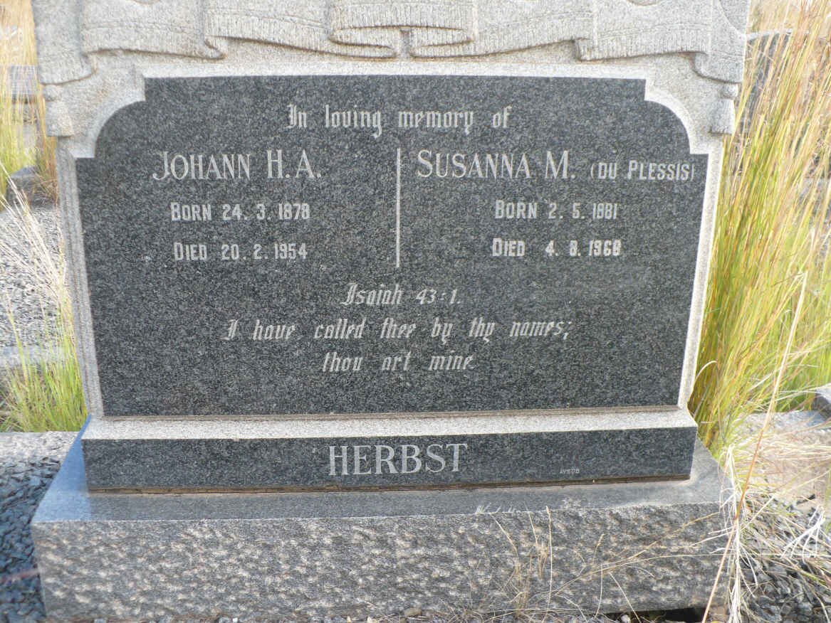 HERBST Johann H.A. 1878-1954 &amp; Susanna M. DU PLESSIS 1881-1968