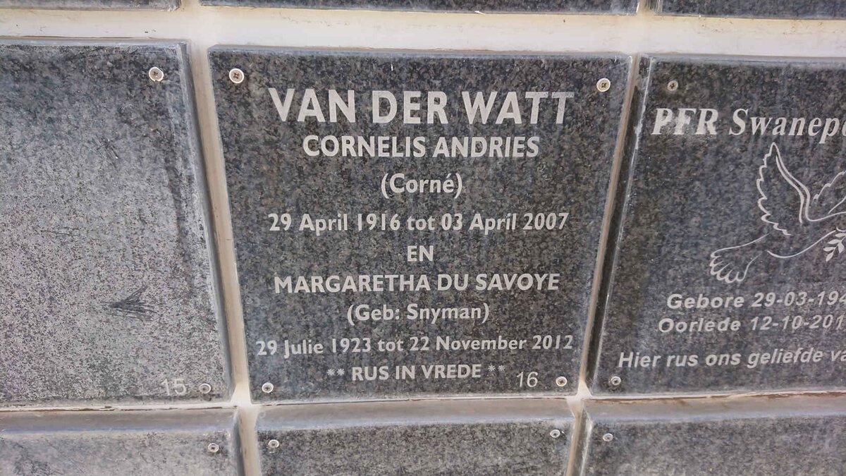 WATT Cornelis Andries, van der 1916-2007 &amp; Margaretha Du Savoye SNYMAN 1923-2012