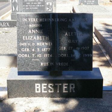BESTER Annie Elizabeth nee V.D. MERWE 1877-1974 :: BESTER Aletta 1907-1999