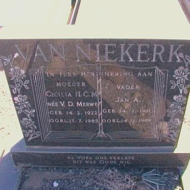 NIEKERK Jan A., van 1921-1989 &amp; Cecilia H. C. M. VAN DER MERWE 1922-1985