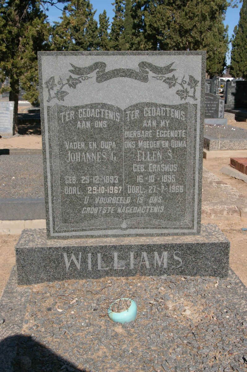 WILLIAMS Johannes G. 1893-1967 &amp; Ellen S. ERASMUS 1895-1966