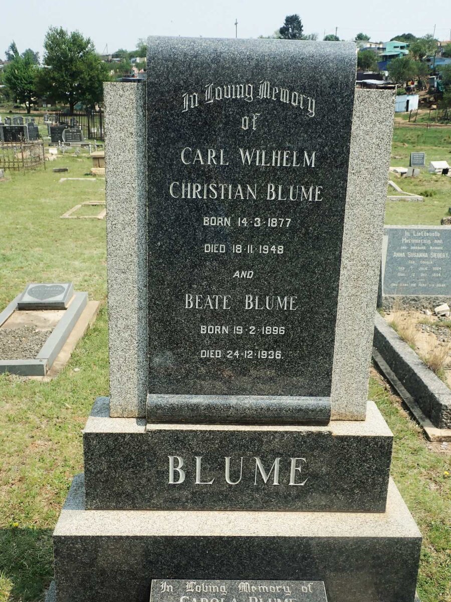 BLUME Carl Wilhelm Christian 1877-1948 &amp; Beate 1896-1936