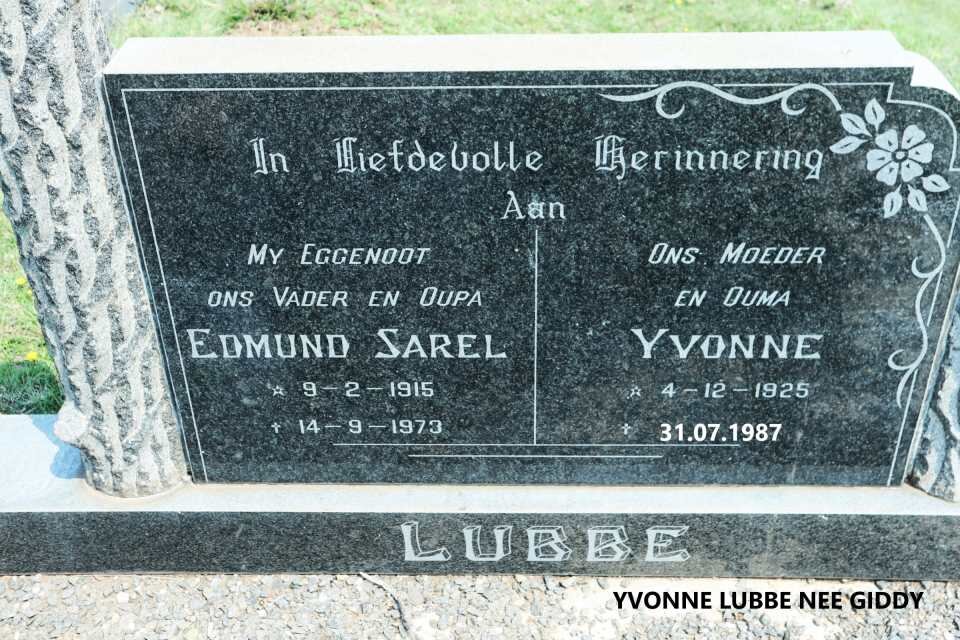 LUBBE Edmund Sarel 1915-1973 &amp; Yvonne GIDDY 1925-1987