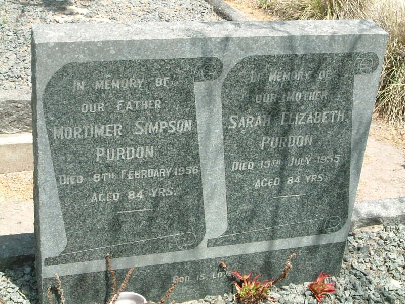 PURDON Mortimer Simpson -1956 &amp; Sarah Elizabeth -1955