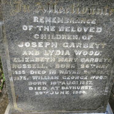 WOOD Elizabeth Mary Garbett Russell 1855-1875 :: WOOD William George 1857-1859
