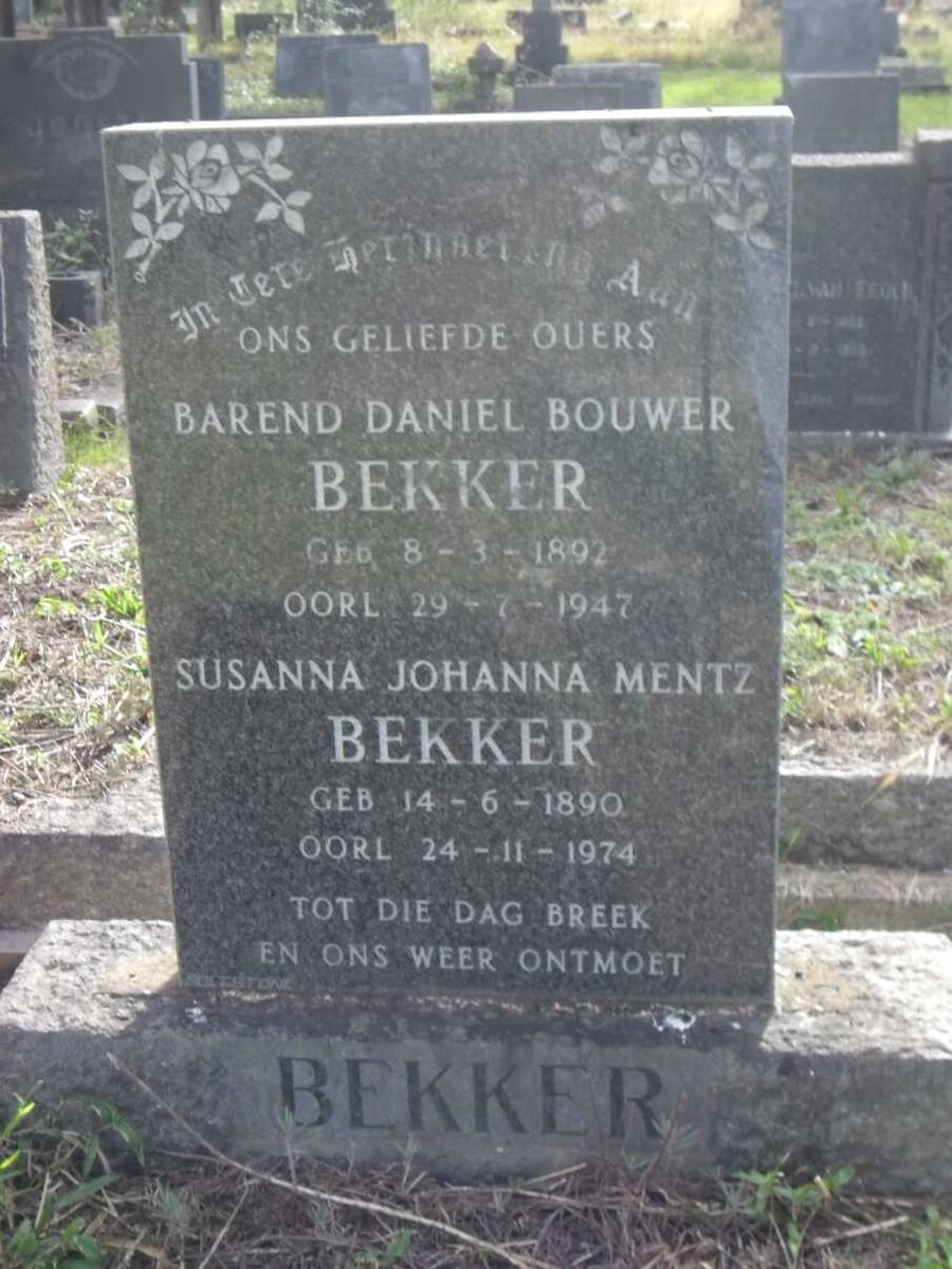 BEKKER Barend Daniel Bouwer 1892-1947 &amp; Susanna Johanna Mentz 1890-1974